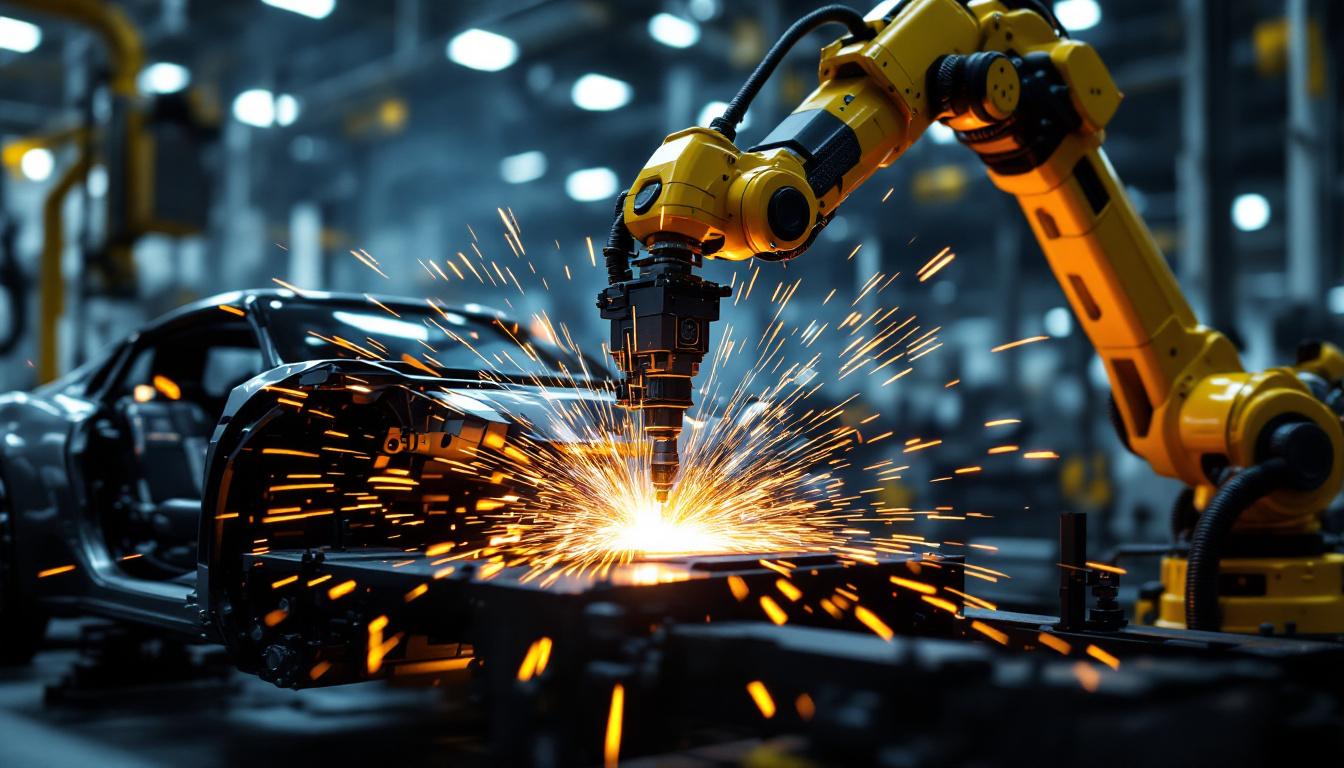 A photograph of a high-tech automotive welding machine in action
