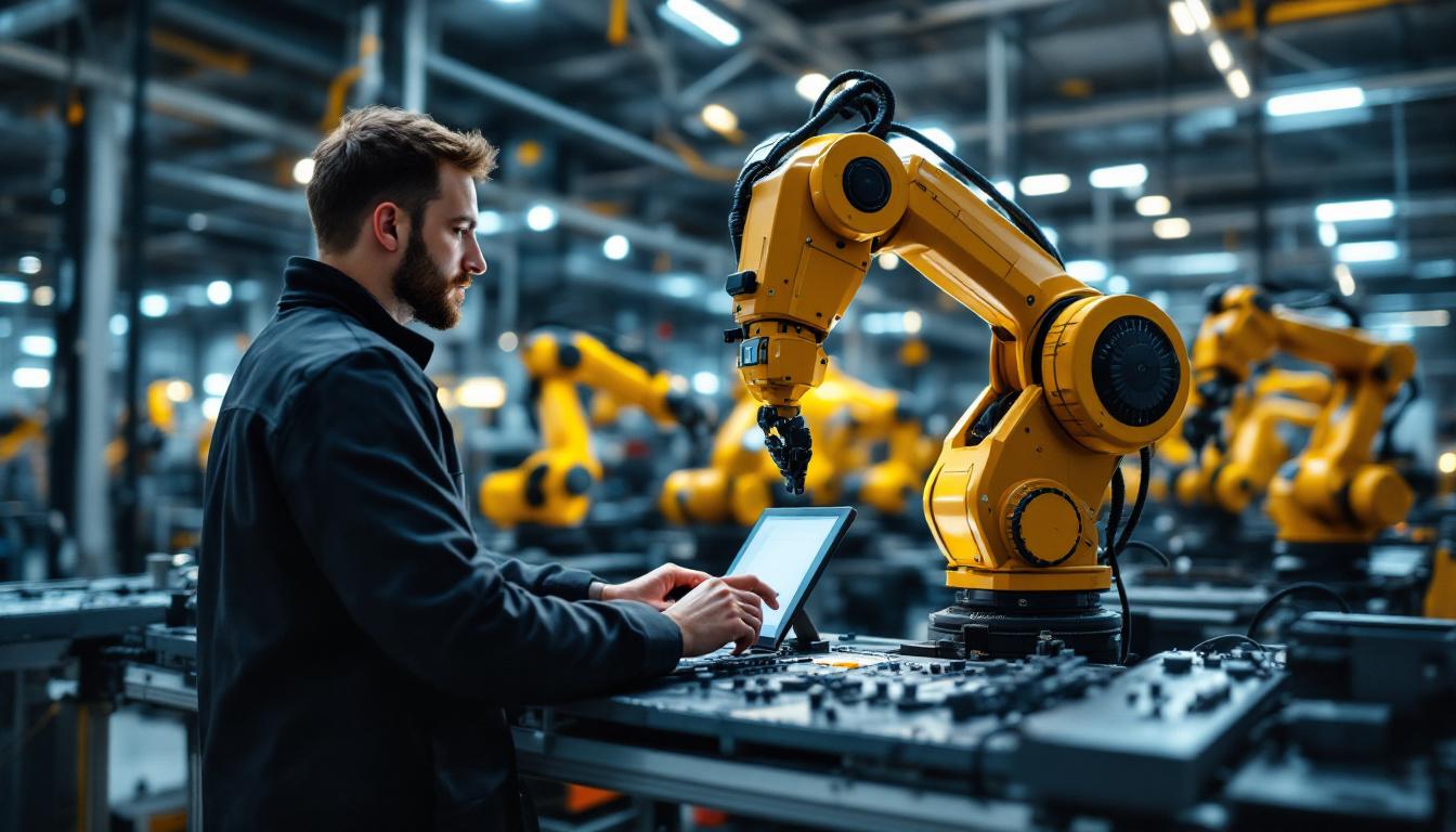 A photograph of a skilled technician programming an industrial robot in a modern manufacturing environment