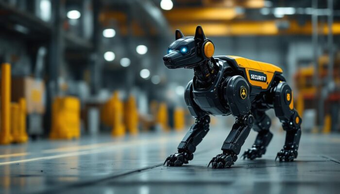 A photograph of a robotic security dog patrolling an industrial environment