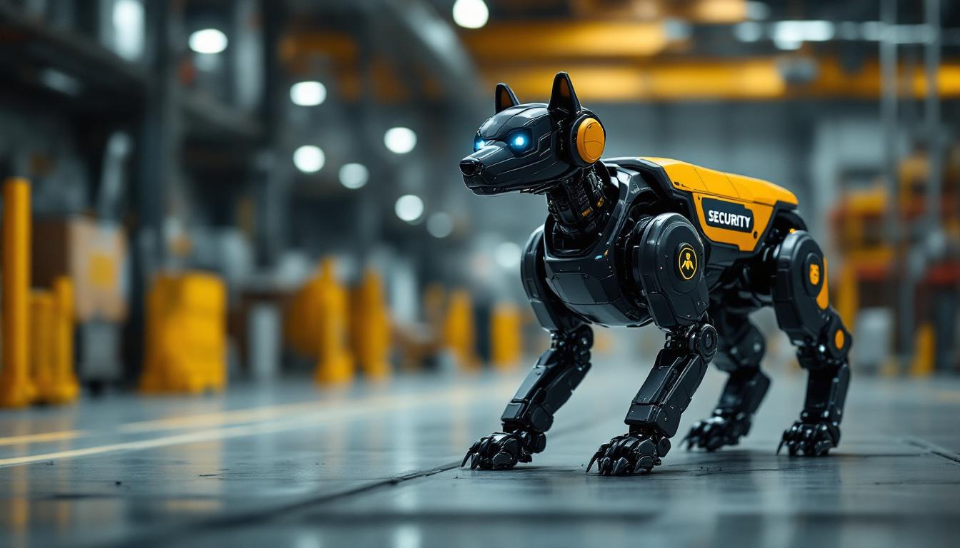 A photograph of a robotic security dog patrolling an industrial environment