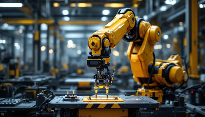 A photograph of a sleek industrial robotic arm in action