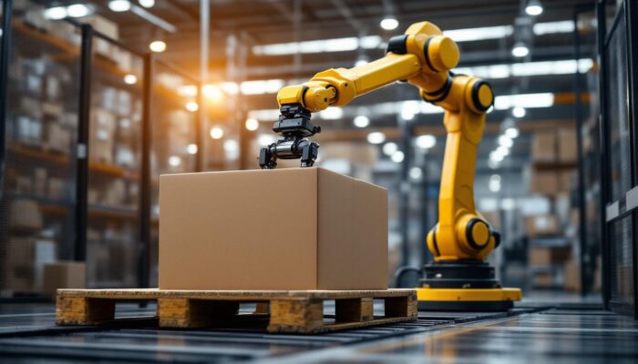 A photograph of a modern industrial robotic arm in action