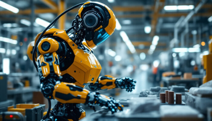 A photograph of a sleek industrial robot in action on a factory floor