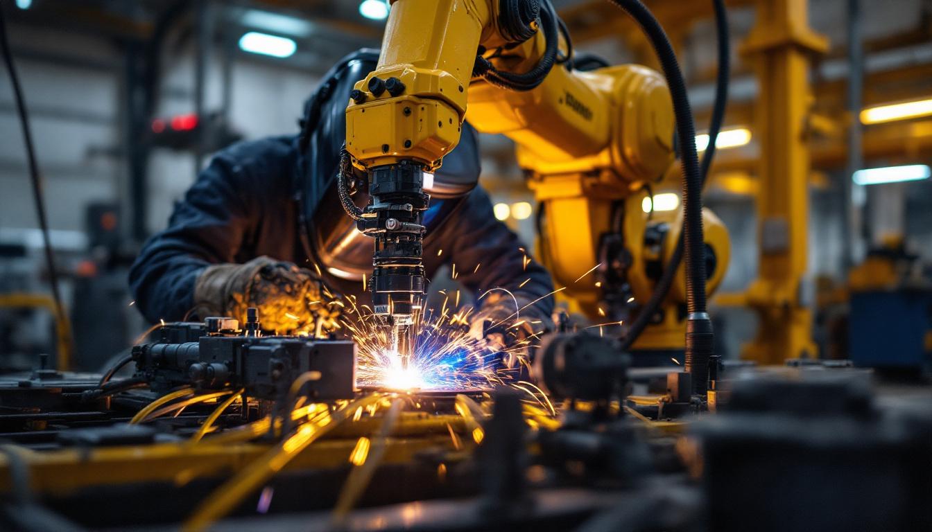 A photograph of a skilled welder operating an industrial robotic arm in a well-lit workshop