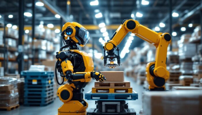 A photograph of a modern industrial robot efficiently palletizing goods in a busy warehouse setting
