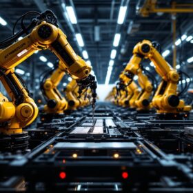 A photograph of a tesla factory floor showcasing advanced industrial robots in action