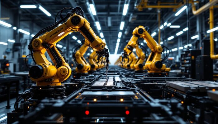 A photograph of a tesla factory floor showcasing advanced industrial robots in action