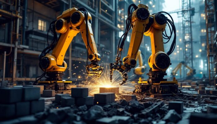 A photograph of a dynamic construction site where industrial robots are actively engaged in tasks such as bricklaying or welding