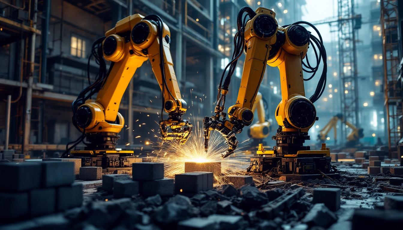 A photograph of a dynamic construction site where industrial robots are actively engaged in tasks such as bricklaying or welding