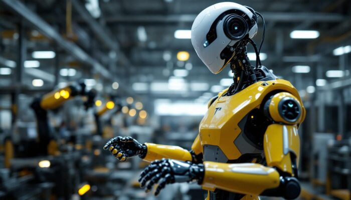 A photograph of a tesla robot in an industrial setting