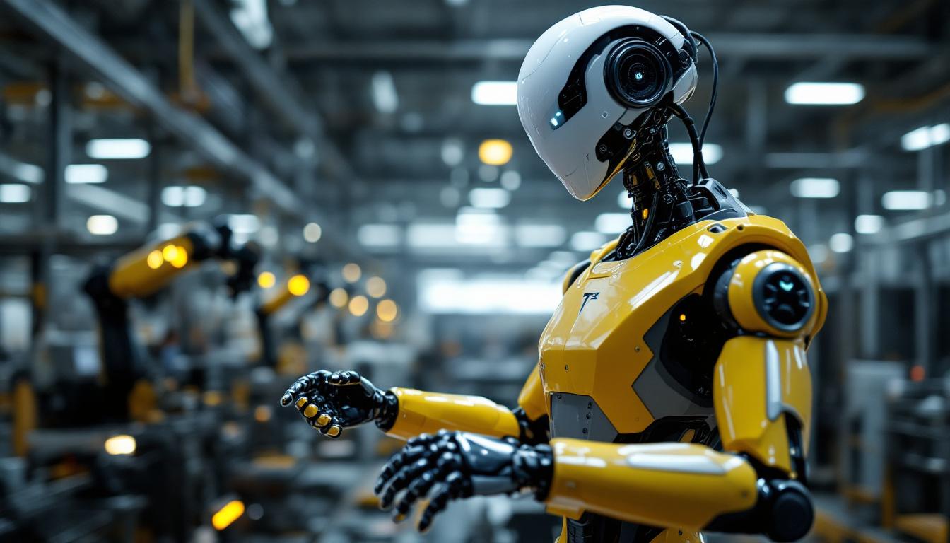 A photograph of a tesla robot in an industrial setting