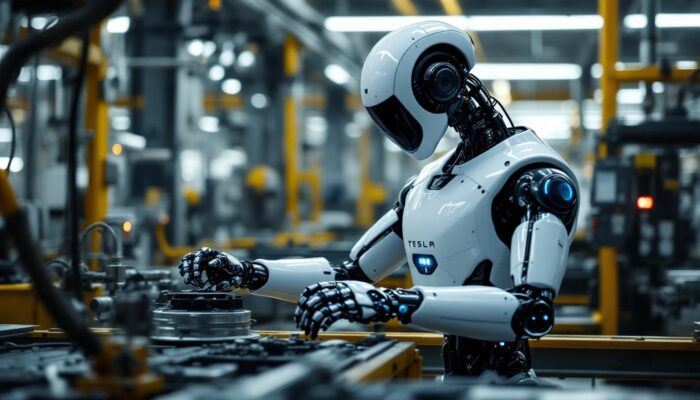 A photograph of capture a photograph of a tesla bot in an industrial setting