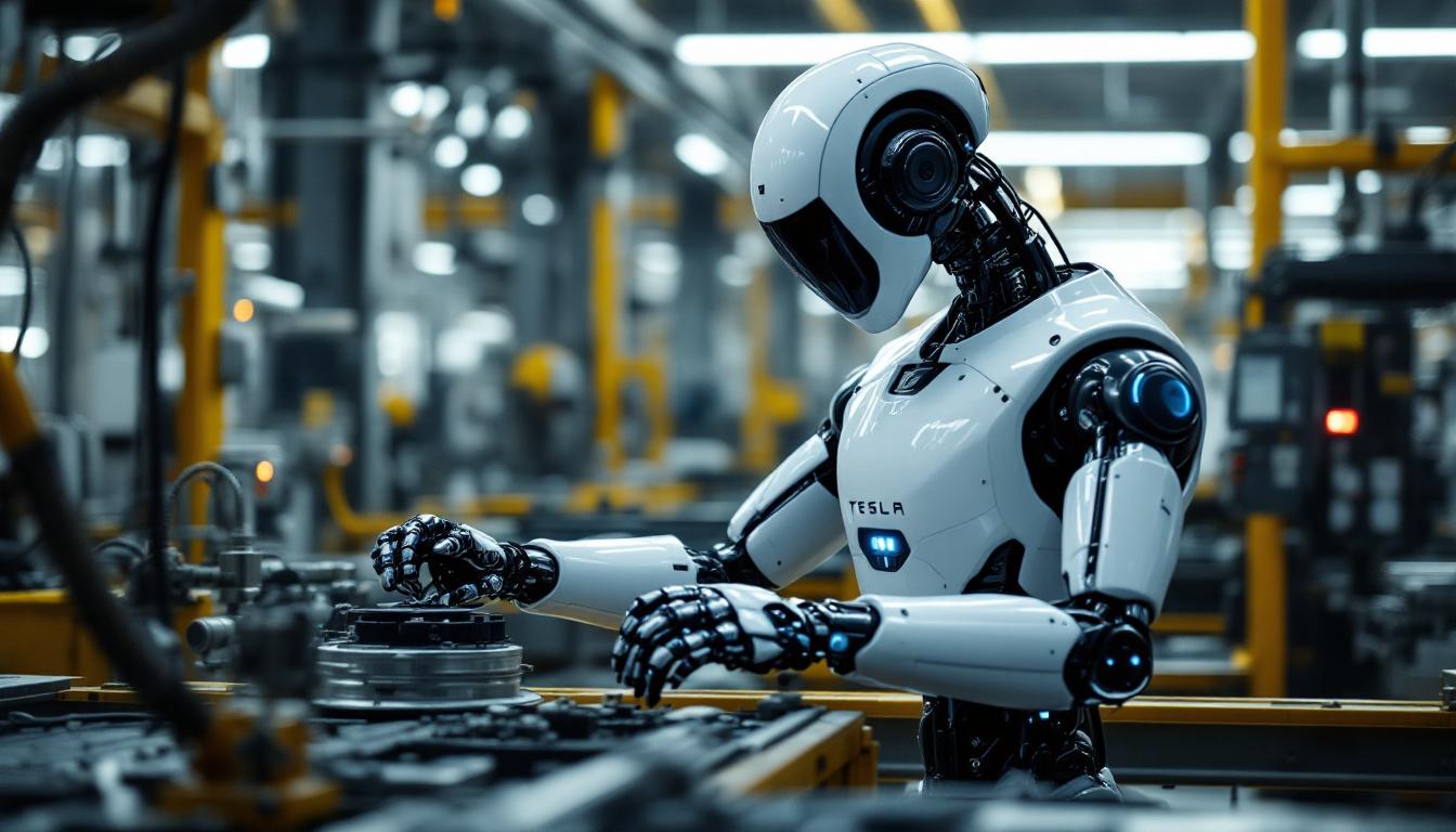 A photograph of capture a photograph of a tesla bot in an industrial setting