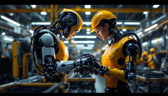 A photograph of a modern industrial setting featuring a worker robot in action