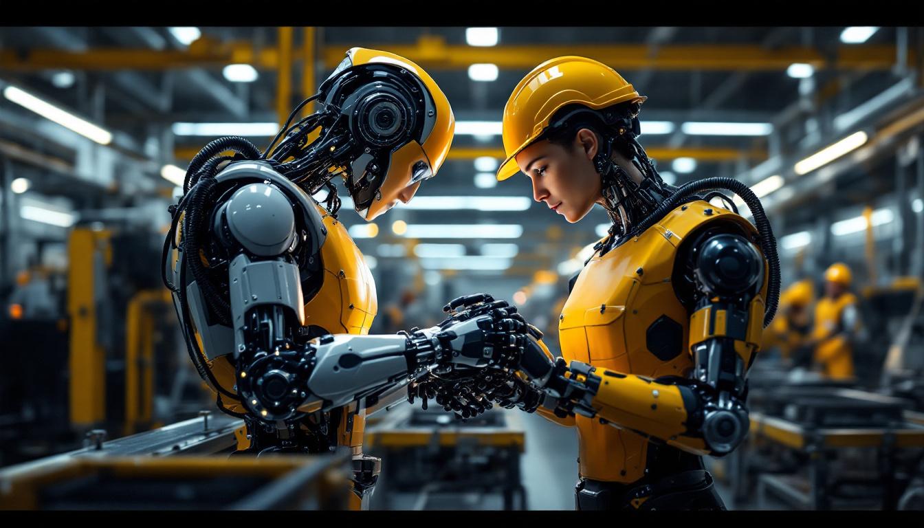 A photograph of a modern industrial setting featuring a worker robot in action
