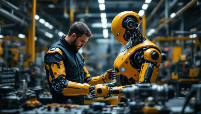A photograph of a skilled technician assembling a sleek industrial robot in a high-tech workshop