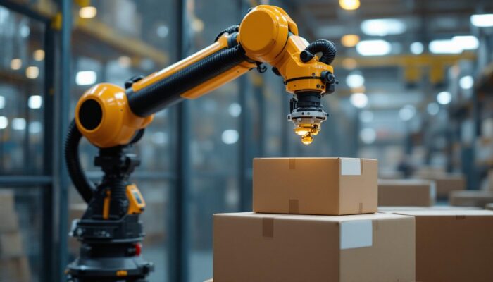 A photograph of a modern industrial robotic arm in action