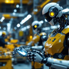 A photograph of a modern industrial robot in action within a manufacturing environment