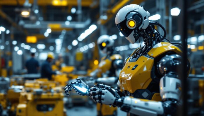 A photograph of a modern industrial robot in action within a manufacturing environment