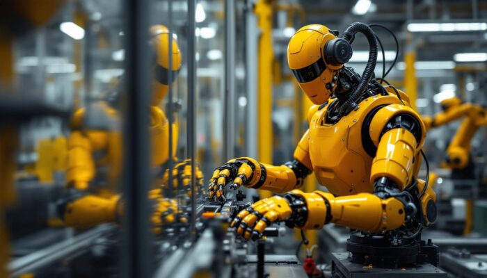 A photograph of a comau industrial robot in action within a manufacturing environment
