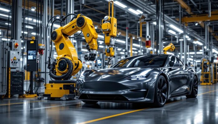 A photograph of a sleek tesla vehicle alongside a state-of-the-art industrial robot in a modern manufacturing environment