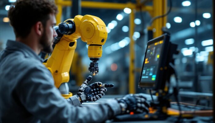 A photograph of a teleoperated industrial robot in action