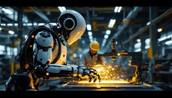 A photograph of a sleek industrial robot in action