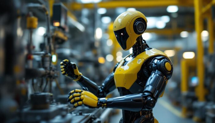 A photograph of a tesla humanoid robot in an industrial setting