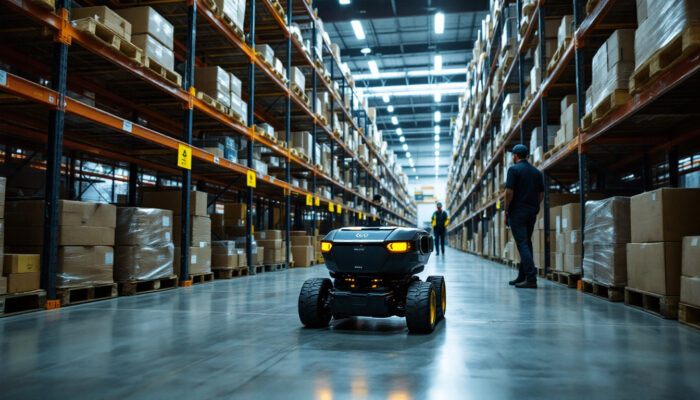 A photograph of a locus robotics autonomous mobile robot in action within an industrial warehouse setting