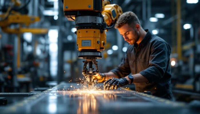 A photograph of a skilled technician interacting with a robotic arm in an industrial setting