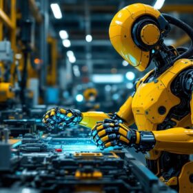 A photograph of a sleek industrial robot in action on a factory floor