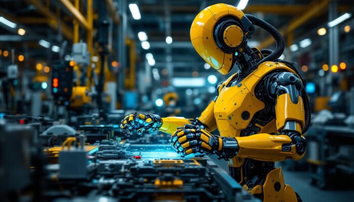 A photograph of a sleek industrial robot in action on a factory floor