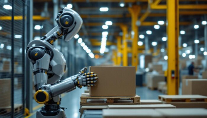 A photograph of a modern industrial robot efficiently palletizing boxes in a warehouse setting