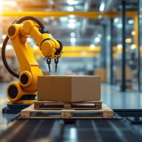 A photograph of a modern industrial setting showcasing a robotic palletizing system in action