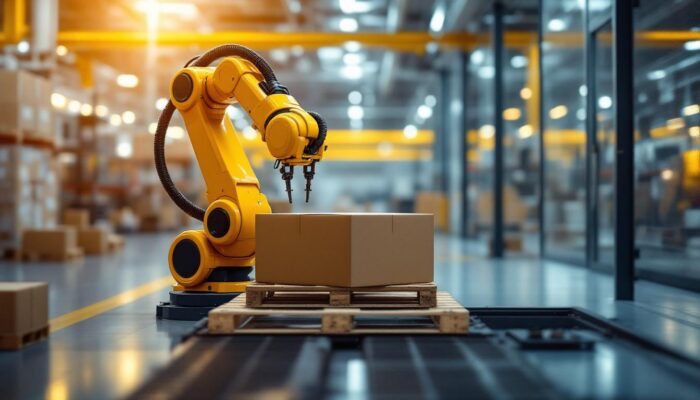 A photograph of a modern industrial setting showcasing a robotic palletizing system in action