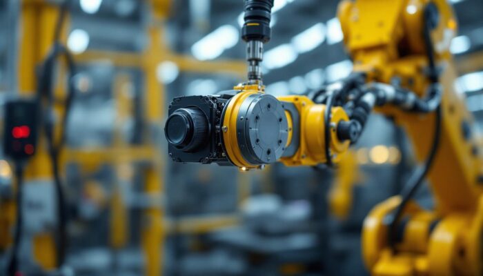 A photograph of a sleek and modern servo motor integrated into an industrial robotic arm