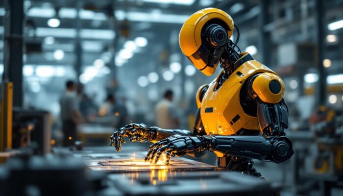 A photograph of a sleek industrial robot in action within a manufacturing environment