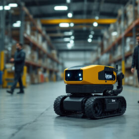 A photograph of a locus robotics autonomous mobile robot in action within a warehouse setting in nashua