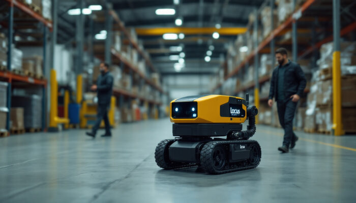 A photograph of a locus robotics autonomous mobile robot in action within a warehouse setting in nashua