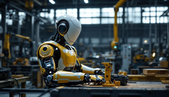 A photograph of a tesla bot in an industrial setting