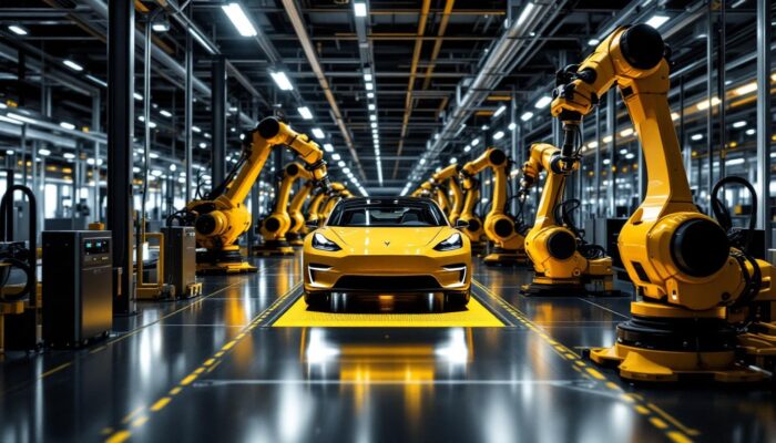 A photograph of a sleek tesla factory floor showcasing a dynamic assembly line with advanced industrial robots in action
