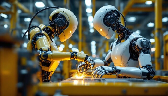 A photograph of a modern industrial robot in action within a manufacturing environment
