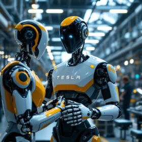 A photograph of a sleek tesla robot in an industrial setting