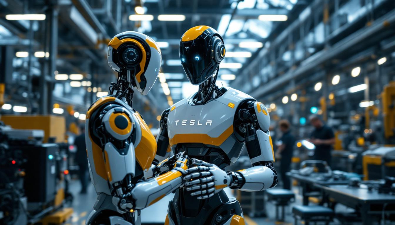 A photograph of a sleek tesla robot in an industrial setting