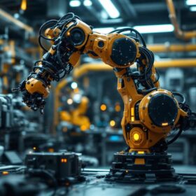 A photograph of a dynamic industrial robot in action within a futuristic workspace