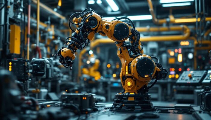 A photograph of a dynamic industrial robot in action within a futuristic workspace