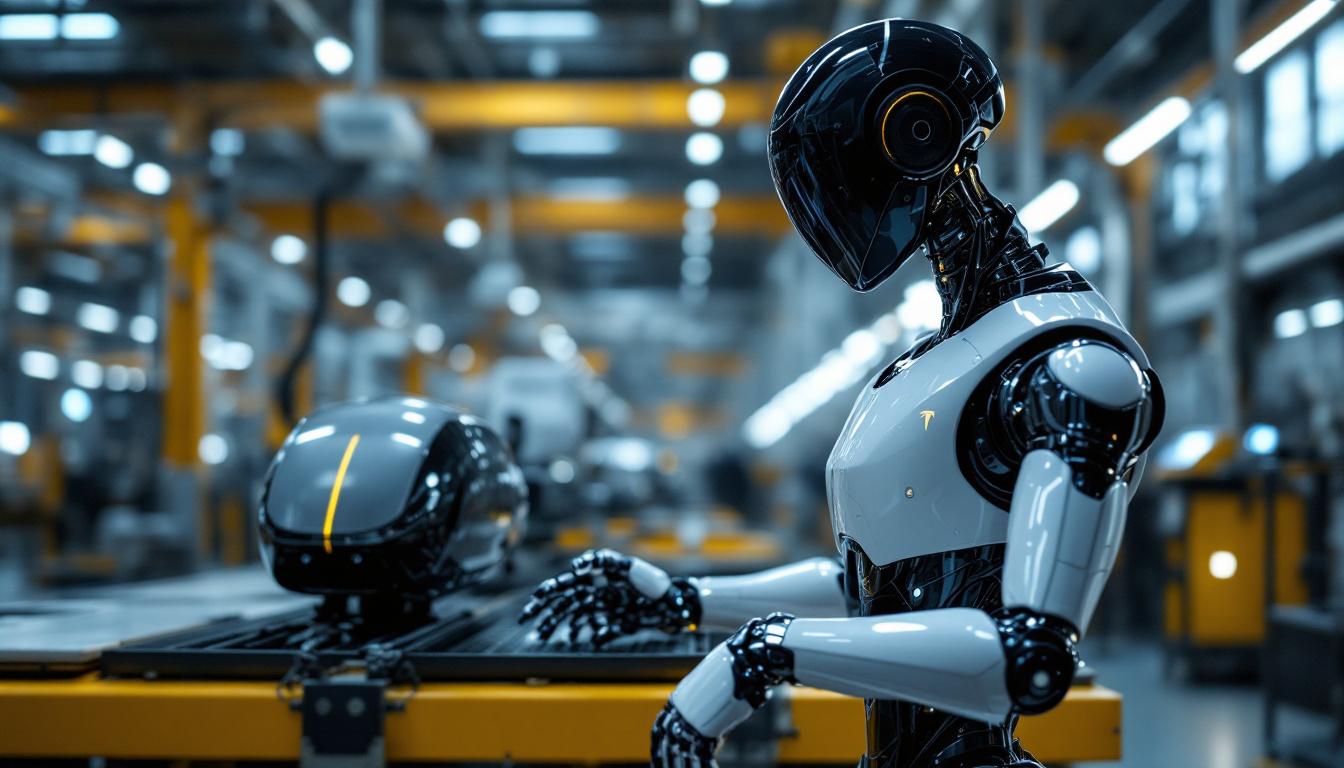 A photograph of a sleek tesla robot in an industrial setting