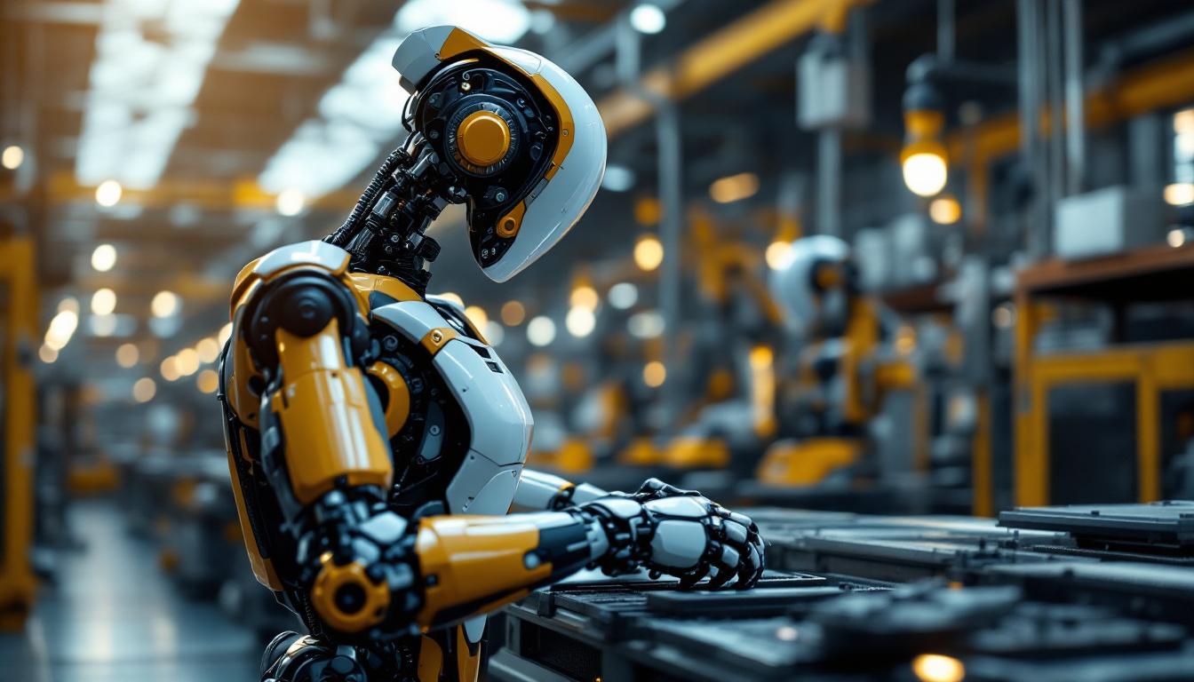 A photograph of a modern industrial robot in action on a factory floor