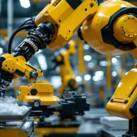 A photograph of capture a photograph of a sleek industrial robot in action within a modern manufacturing environment