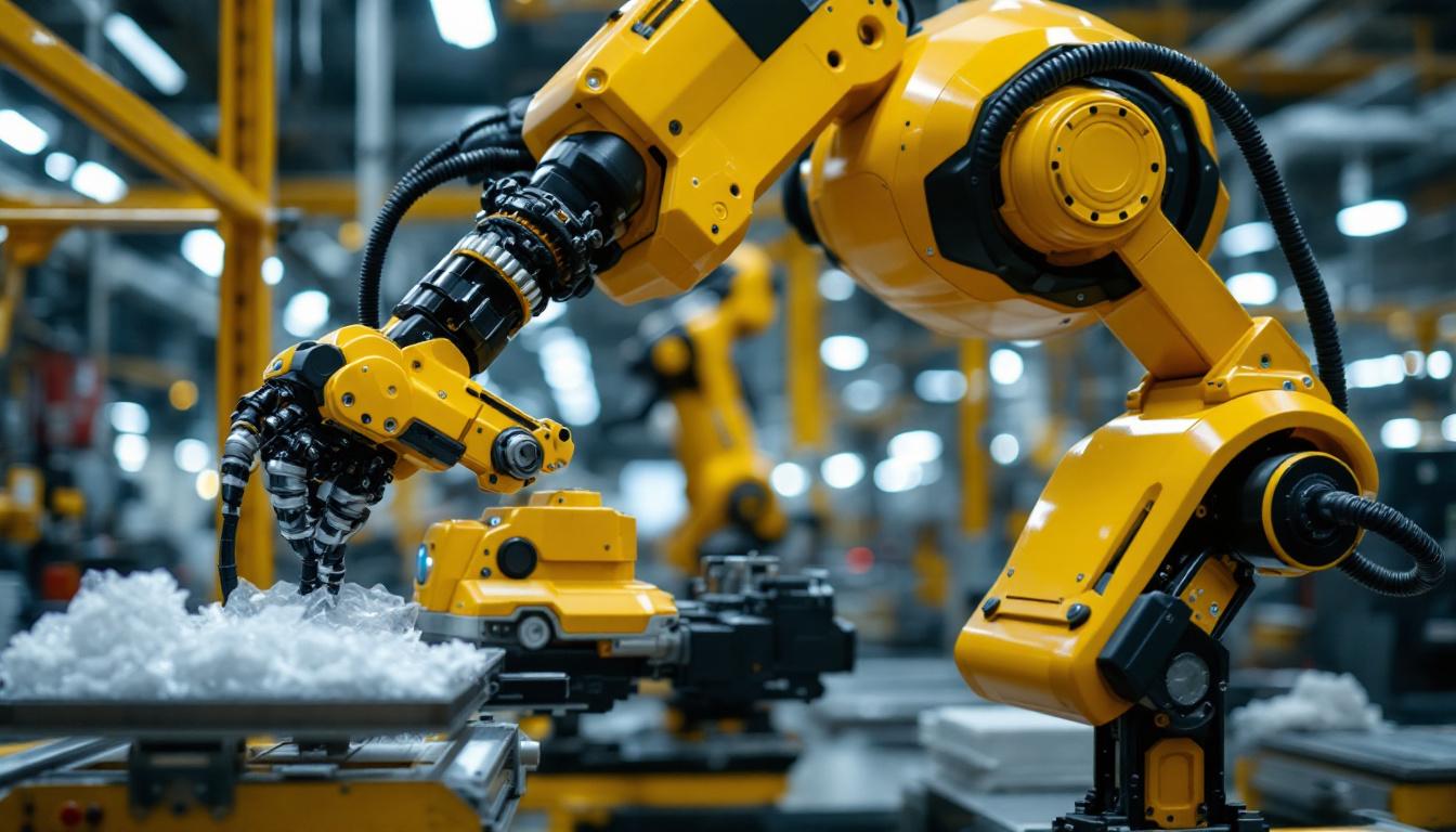 A photograph of capture a photograph of a sleek industrial robot in action within a modern manufacturing environment